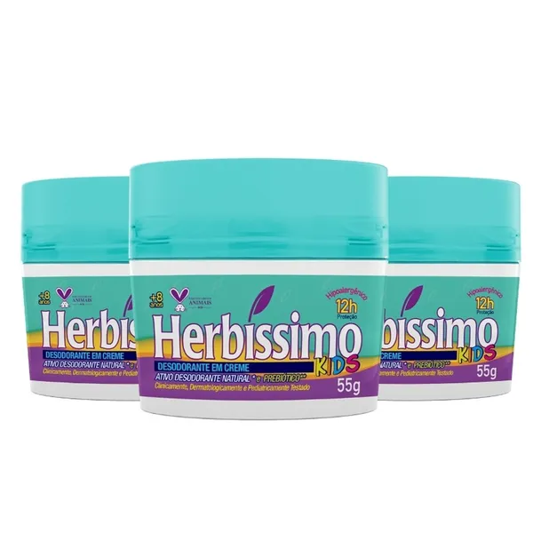 KIT 3 UNID - DESODORANTE CREME ANTITRANSPIRANTE HERBÍSSIMO KIDS 55G