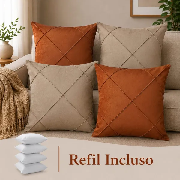 Kit 04 Almofadas Cheias Suede Drapeada 43x43cm  Decorativas Sala Quarto Sofá