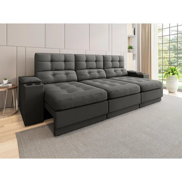Sofá com Porta Copos e Carregador USB Eureka 2,30m Assento Retrátil e Reclinável Velosuede - NETSOFAS