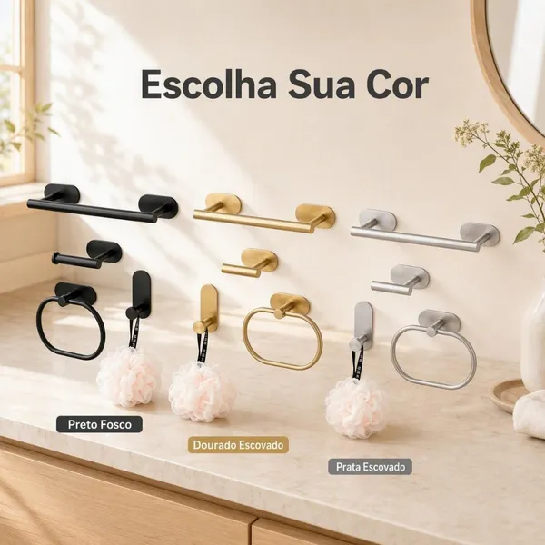 KIT 4 PEÇAS ACESSÓRIOS BANHEIRO AÇO INOX AUTOADESIVO SEM FURAÇÃO PORTA TOALHA E GANCHO