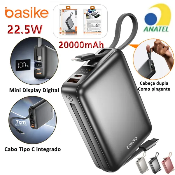 Power Bank Basike 20000mAh 22.5W com Mini Display Digital e Cabo Tipo C Integrado