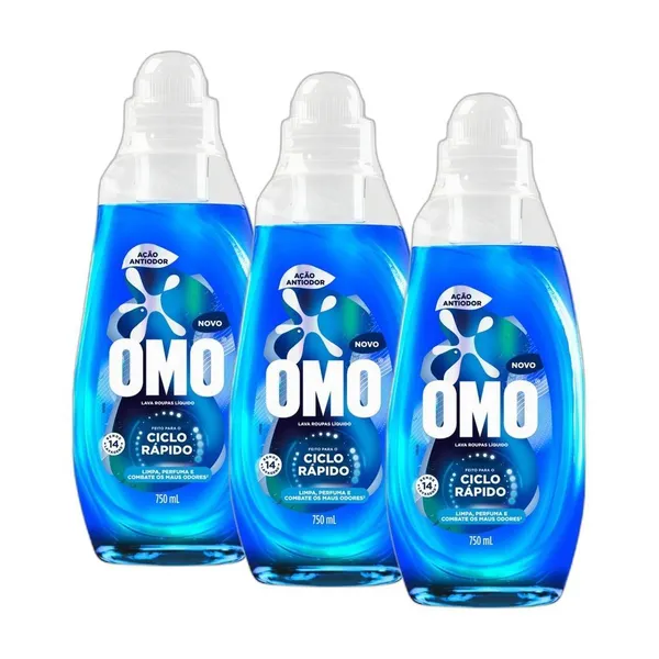 Kit 3 Lava-Roupas Líquido Omo Ciclo Rápido Ação Antiodor Frasco 750ml cada