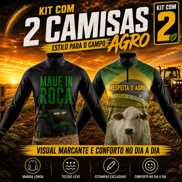 Kit 2 Camisas Camiseta Agro Térmica Manga Longa Proteção UV Blusa Masculina Trator Roça Boi Colheita