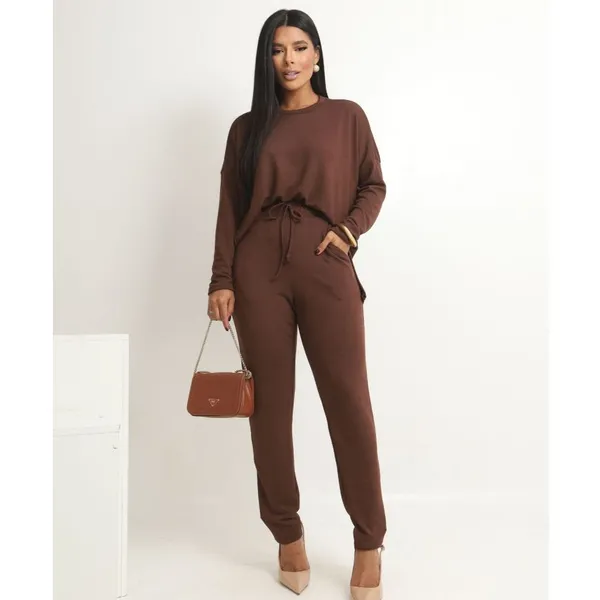 Conjunto  Feminino Malha Tricot Longo Moda Inverno  Blusa Manga Longa e Calça Com Bolsos