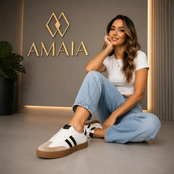Calçado Feminino Tênis Casual Retrô Branco Listras Pretas Sola Borracha Confortável Estilo