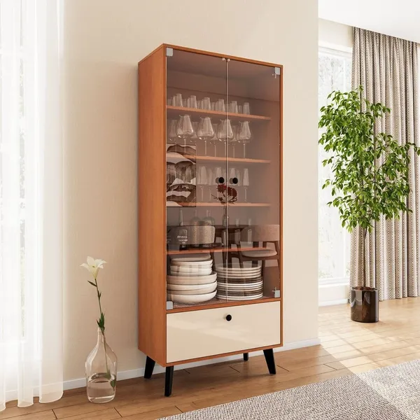 Cristaleira 2 Portas de Vidro 1 Gaveta 4 Prateleiras 75cm Creme Freijó Londres Marrom Creme/Freijó