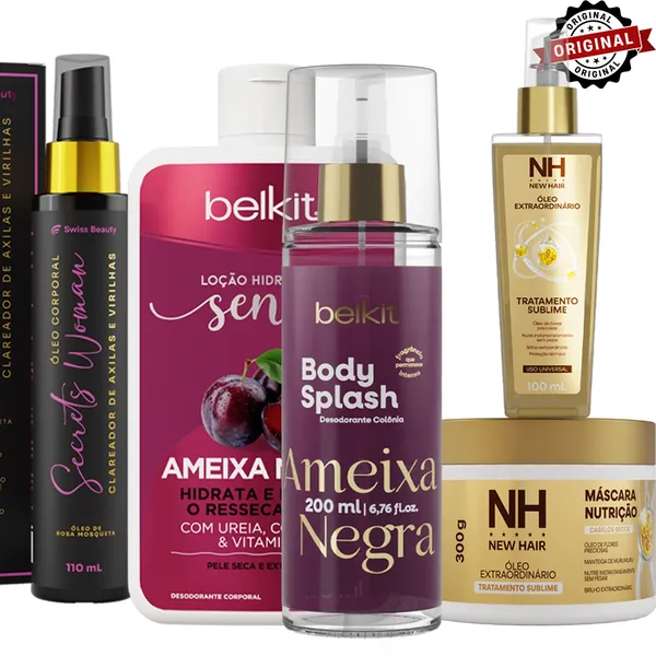 Combo 5 itens Clareador Virilha, Óleo Extraordinário, Máscara, Body Splash e Hidratante