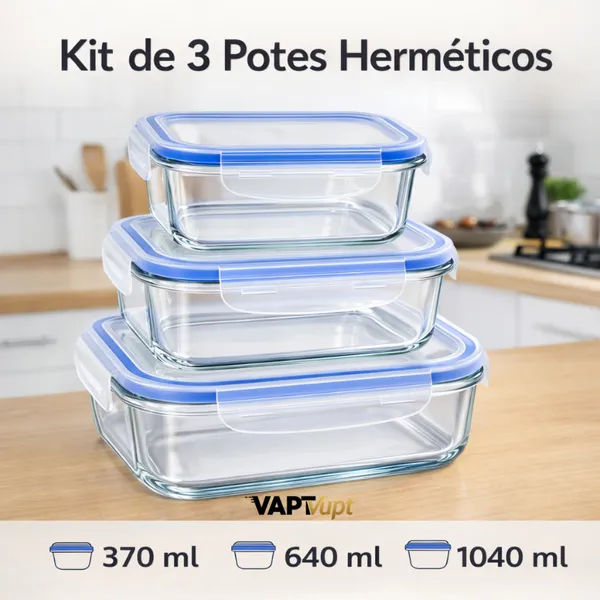 Kit 3 Potes Vidro: Fresh Food Fit 370ml a 1040ml