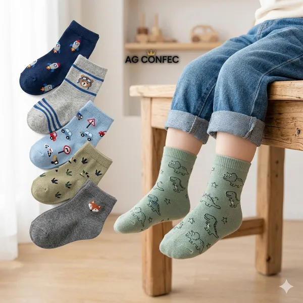 3 / 6 / 9 / 12 / 15 / 18 / 24 Pares de Meias Infantil Masculina Coloridas Estampada Algodão Macio e Confortável