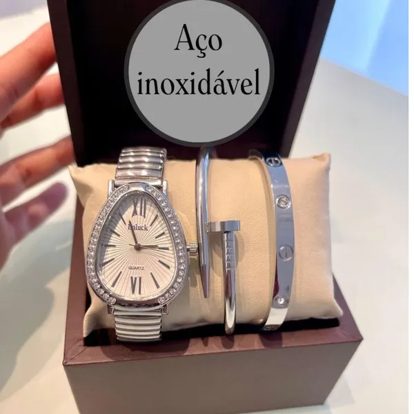 Kit Relogio Com Pulseira e bracelete  Dourado e Prata Kit de Luxo  Conforto Moda Blogueira