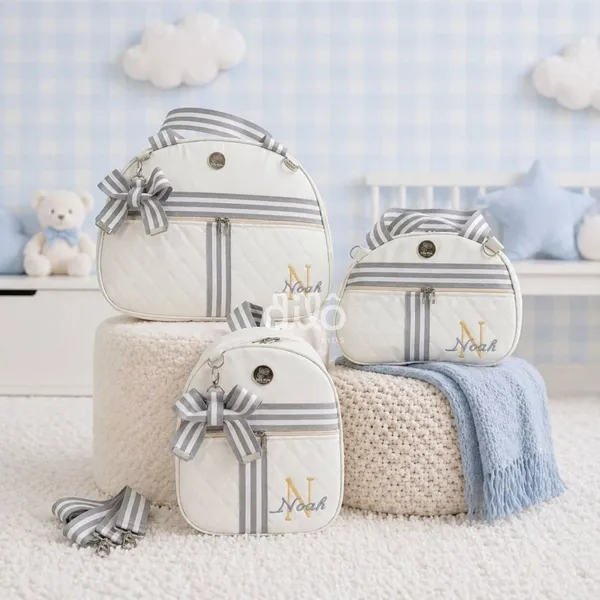 Bolsa maternidade personalizada de luxo 3 peças. Bolsa de bebê com inicial e nome. Dilô Kids