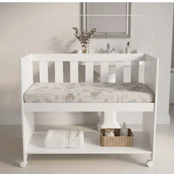 OFERTA Mini Berço 5 em 1 Branco Madeira Colchão D18 Rodízios Trava Mosquiteiro Bebê Portátil Quarto