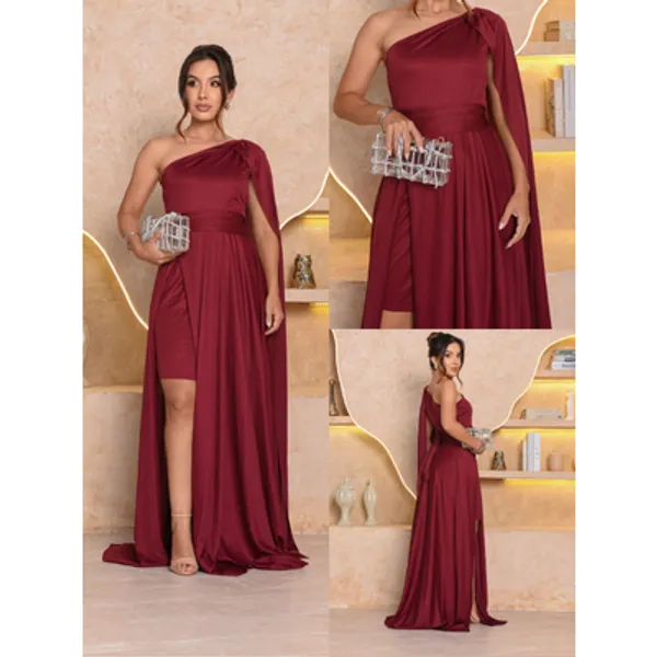 Vestido Feminino De Festa Longo com Capa e abertura lateral Casamento Madrinhas Formatura