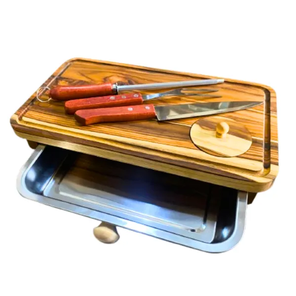 Kit Tábua Churrasco Gaveta Faca Garfo Inox