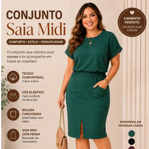 Conjunto  Feminino Saia Midi com bolso frontal e fenda frontal e Blusa  manga curta