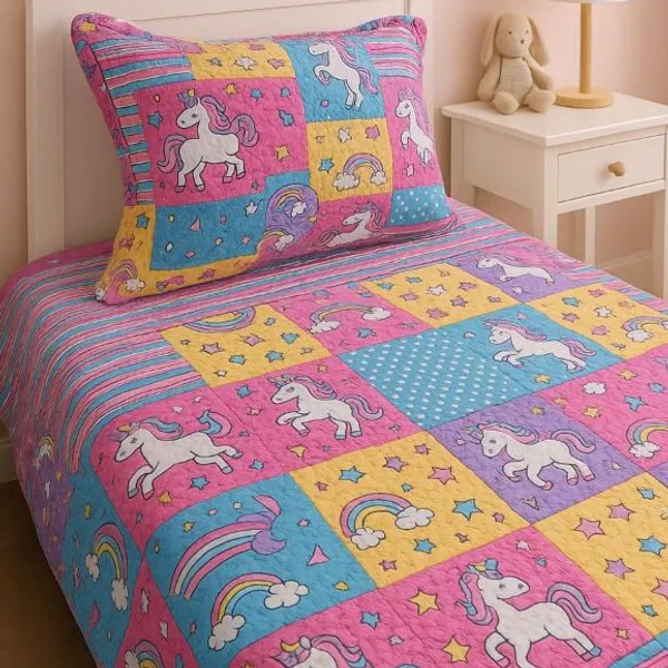 Kit Colcha Cobre Leito Infantil E Adulto 2 Peças Solteiro Bouti Dupla Face Com Viés Liso e Estampado