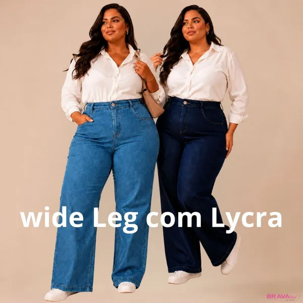 Calça Jeans Wide Leg  Plus Size Feminina Elastano Cintura Alta 46 ao 54 Moderna tendência Elegante Levanta Bumbum