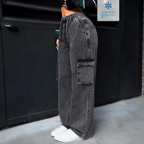 Calça Cargo Feminina Larga Wide Leg Casual Streetwear Cintura Alta Bolsos Cargo Cordão Ajustável Moda Feminina
