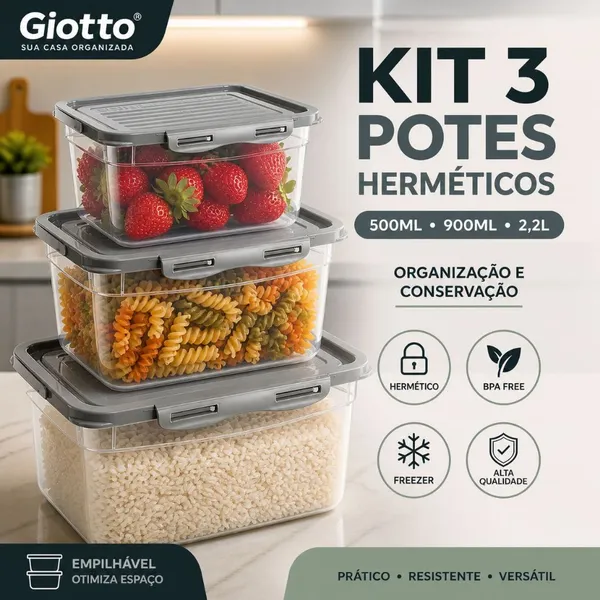 Kit 3 Potes Tampa e Trava Altos 500ML 900Ml e 2,2L Cinza armazenamento de alimentos cozinha Giotto