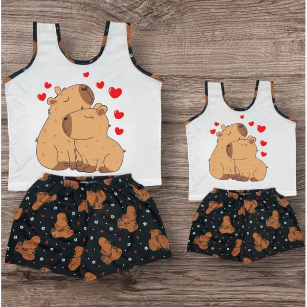 Kit 1 Pijama Mãe + 1 Pijama Filha Regata da Capivara Short Dool Adulto Infantil Tal Mae Tal Filha Baby Dool