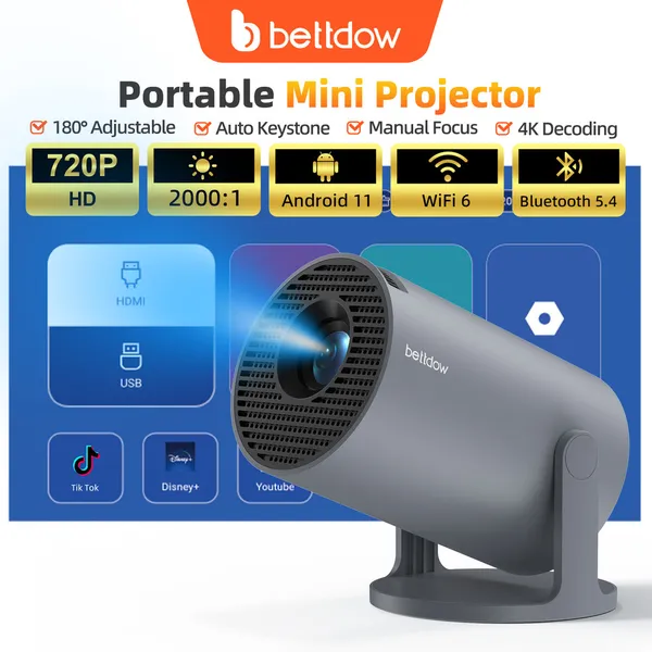 BETTDOW AC1075 720P 4K ULTRA-PORTABLE MOBILE PROJECTOR 210 ANSI ANDROID 11 180° FREE ANGLE BLUETOOTH 5.2