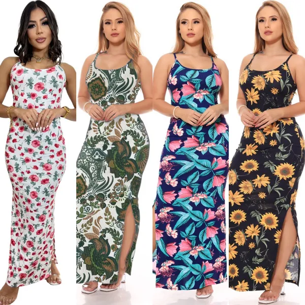 Vestido Alcinha Floral Longo Verão Moderno Canelado Fenda Lateral Florido Gestante Grávida