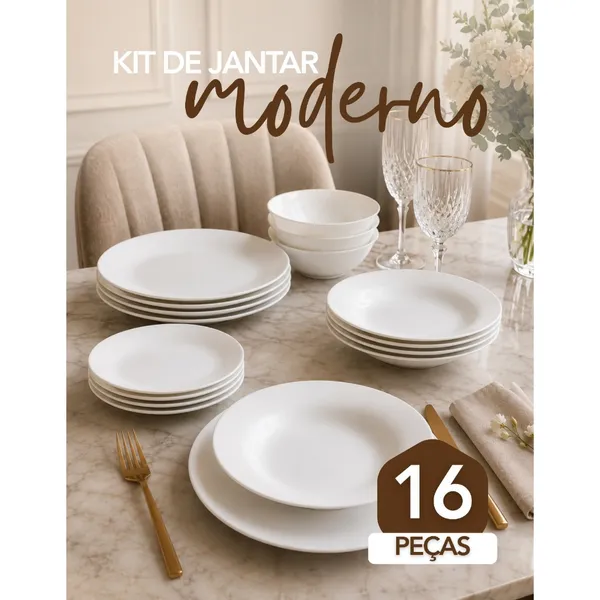 Aparelho De Jantar De 16 Peças Vidro Branco Liso Premium Pratos Bowl Luxo