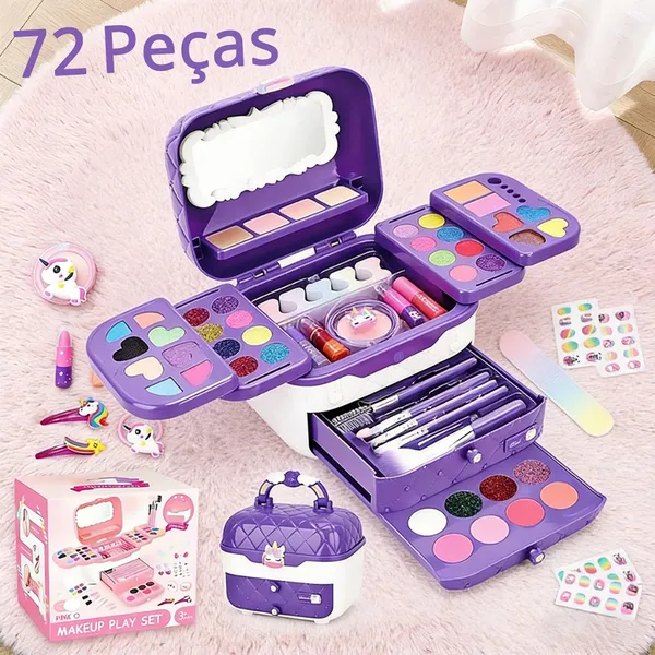 Kit Maquiagem Infantil 72 Peças Criança De Maquiagem Com Maletinha Make Linda Completa