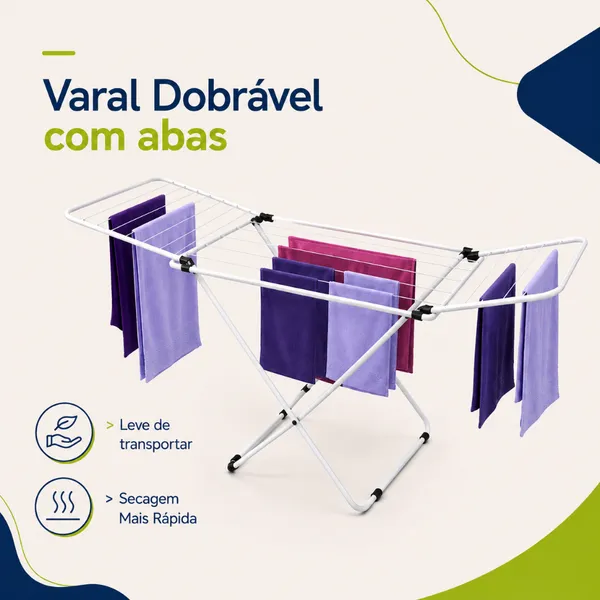 Vittak Varal De Chão Slim Reforçado Com Abas Dobráveis Branco – Portátil E Compacto