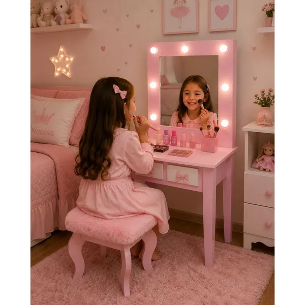 Penteadeira Camarim Infantil Rosa lilás com Espelho Banqueta Estofada pelúcia Cantinho Beleza Menina princesa moderna