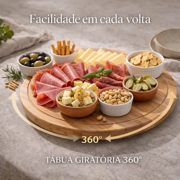 Petisqueira Giratória Bambu 28cm Tábua Frios Bandeja Petiscos Mesa Posta Café da Manhã 360 Decoração