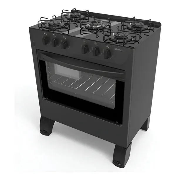 FOGÃO DE PISO COM FORNO AUTOMÁTICO BRASLAR 5 BOCAS CARINA  PRETO MESA VIDRO
