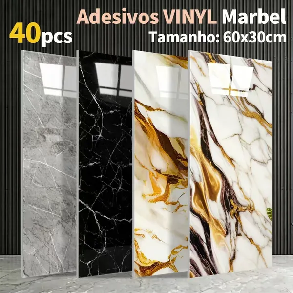 Placas Adesivas Efeito Mármore 60x30cm | Kit 40/20/10 Unidades, Decoração para Sala, Quarto e Cozinha