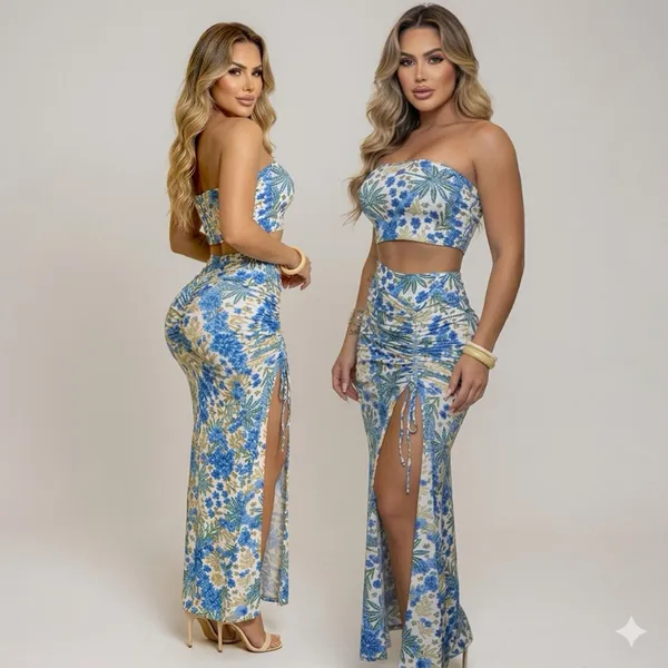 Conjunto Feminino Luxo Cropped Tomara que Caia e Saia com Fenda