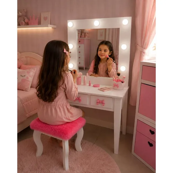 Penteadeira Camarim Infantil Completa Rosa lilas branco Espelho com Luz Banqueta Estofada criança princesa maquiagem