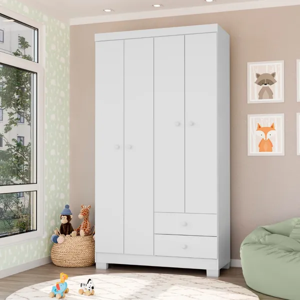 Guarda Roupa Infantil Aquarela Baby 4 Portas 2 Gavetas Flex Branco com Azul ou Rosa para Bebê