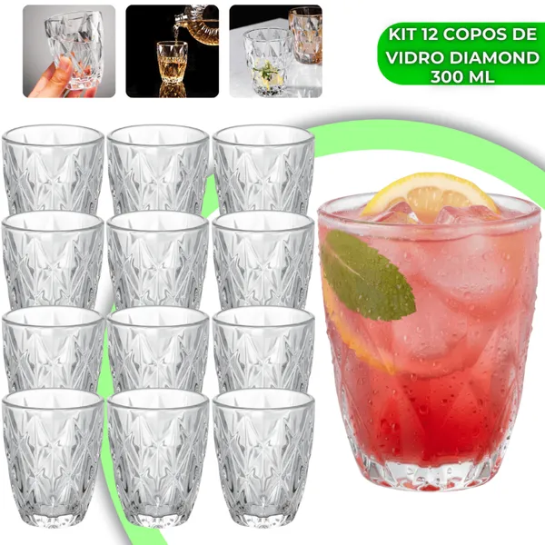 Jogo 12 Copos Diamond 300ml Vidro Grosso Diamante Luxo Resistente Transparente Elegante Moderno