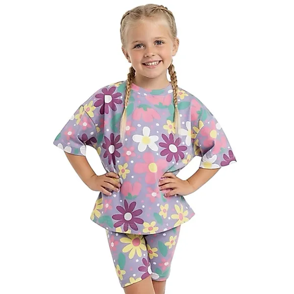 Conjunto Infantil Menina – Camiseta Oversized e Bermuda Biker Estampados e Cores Lisas (Tam. 2-12)