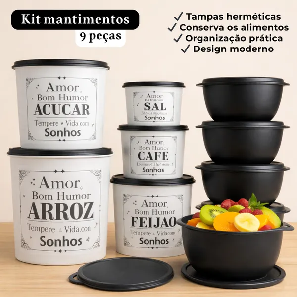 Kit potes para mantimentos cozinha com 9 peças plástico decorado