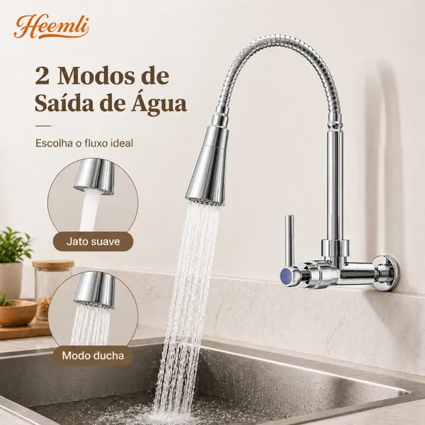 Heemli Torneira Cozinha Parede Flexível 360° Bica Móvel Duplo Jato Econômica