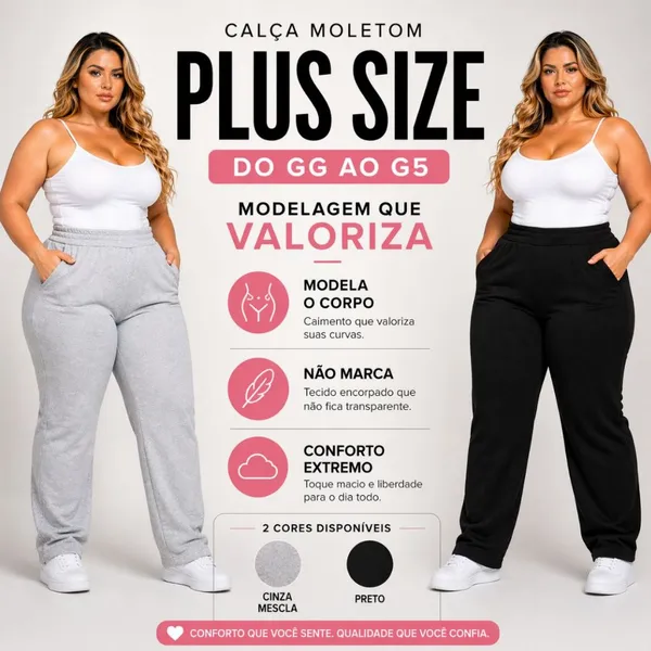 Calça Moletom Feminina Plus Size Reta Sem Punho Aveludada Preta e Cinza Mescla GG ao G5