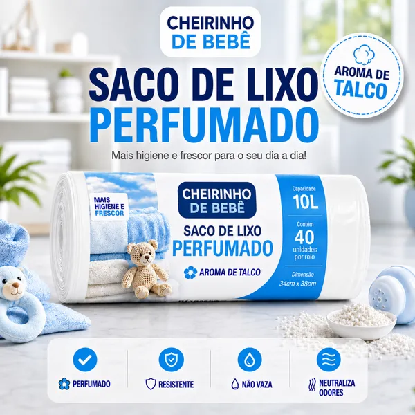 Saco de Lixo Perfumado Aroma Talco 10L 40 Sacos 34x38cm Pia Banheiro Anti Odor Mau Cheiro Resistente