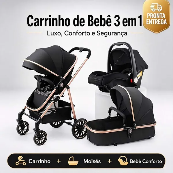Carrinho De Bebê 3 Em 1 Luxo - Moisés, Bebê Conforto E Base Veicular , Seguro E Confortável