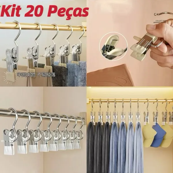 Kit 10 ou 20 peças Mini Cabide Gancho para Roupa Ganchos de Calça Jeans Aço Inoxidável