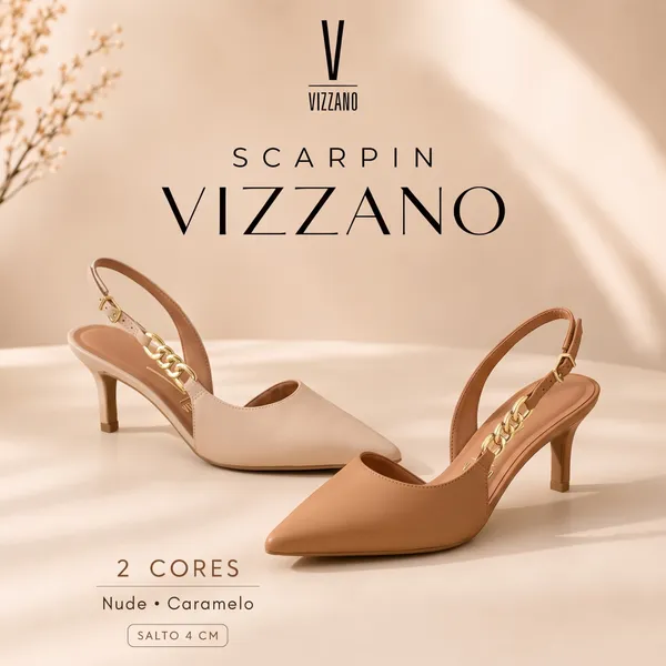 Scarpin Feminino Vizzano Slingback Casual Salto Baixo Bico Fino Corrente Confortável Original