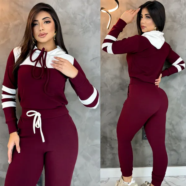 Conjunto Feminino  Com Capuz Agasalho Inverno Look Para o Frio