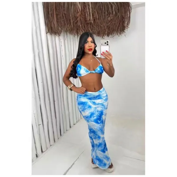 Conjunto Mirela Mesclado conjunto feminino cropped saia longa midi drapeada efeito empina bumbum cintura alta estampa