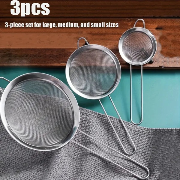 KIT 3 PEÇAS PENEIRA COADOR EM AÇO INOX PARA COZINHA - 3 TAMANHOS P M G 8/10/12 CM