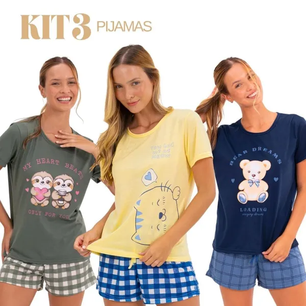 Kit 3 Pijamas Femininos de Verão Leves Macios Confortáveis P ao GG