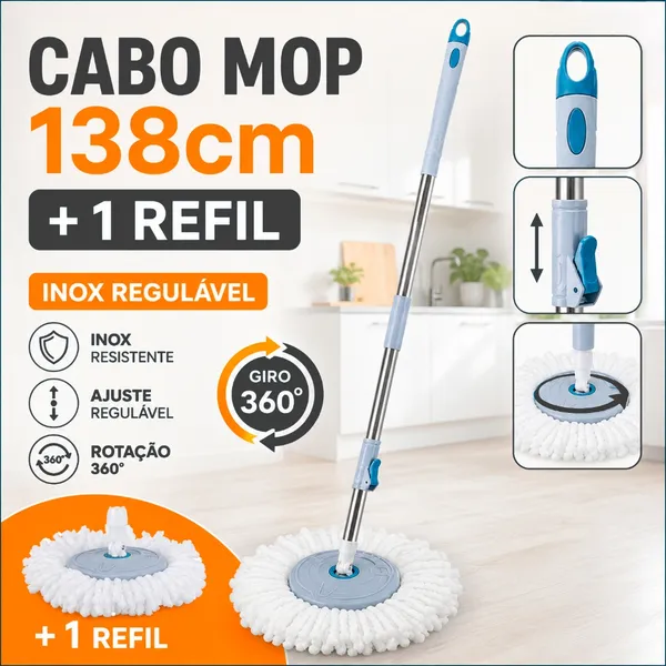 Cabo para Mop Giratório 138cm com 1 Refil | Inox Regulável, Fácil Montagem  e Giro 360°